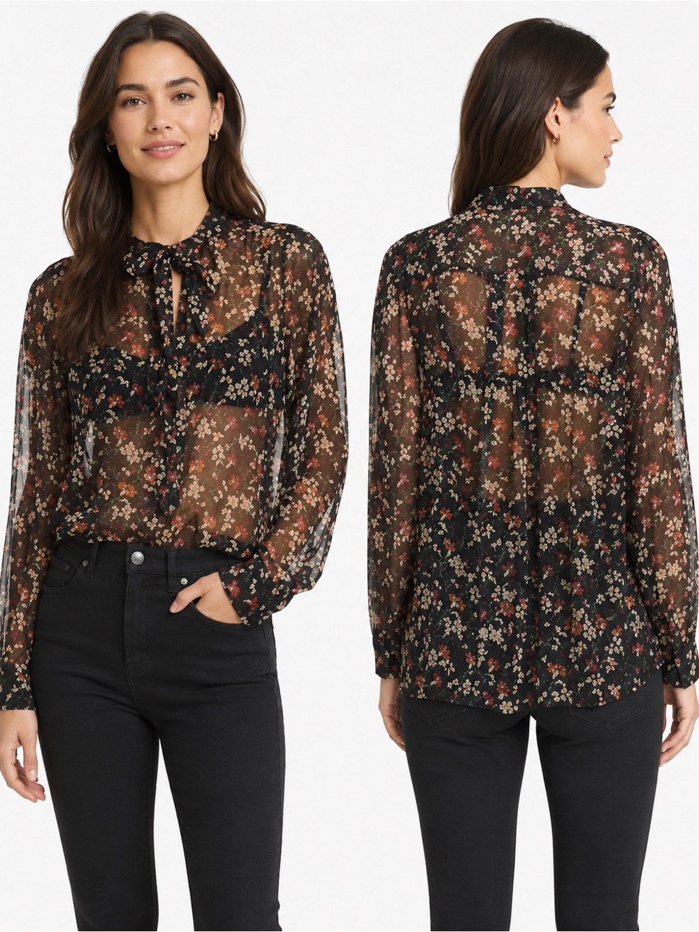 Joie Silk Maiza Blouse Caviar Black Floral Sheer Tie Neck Oversized XL, EUC